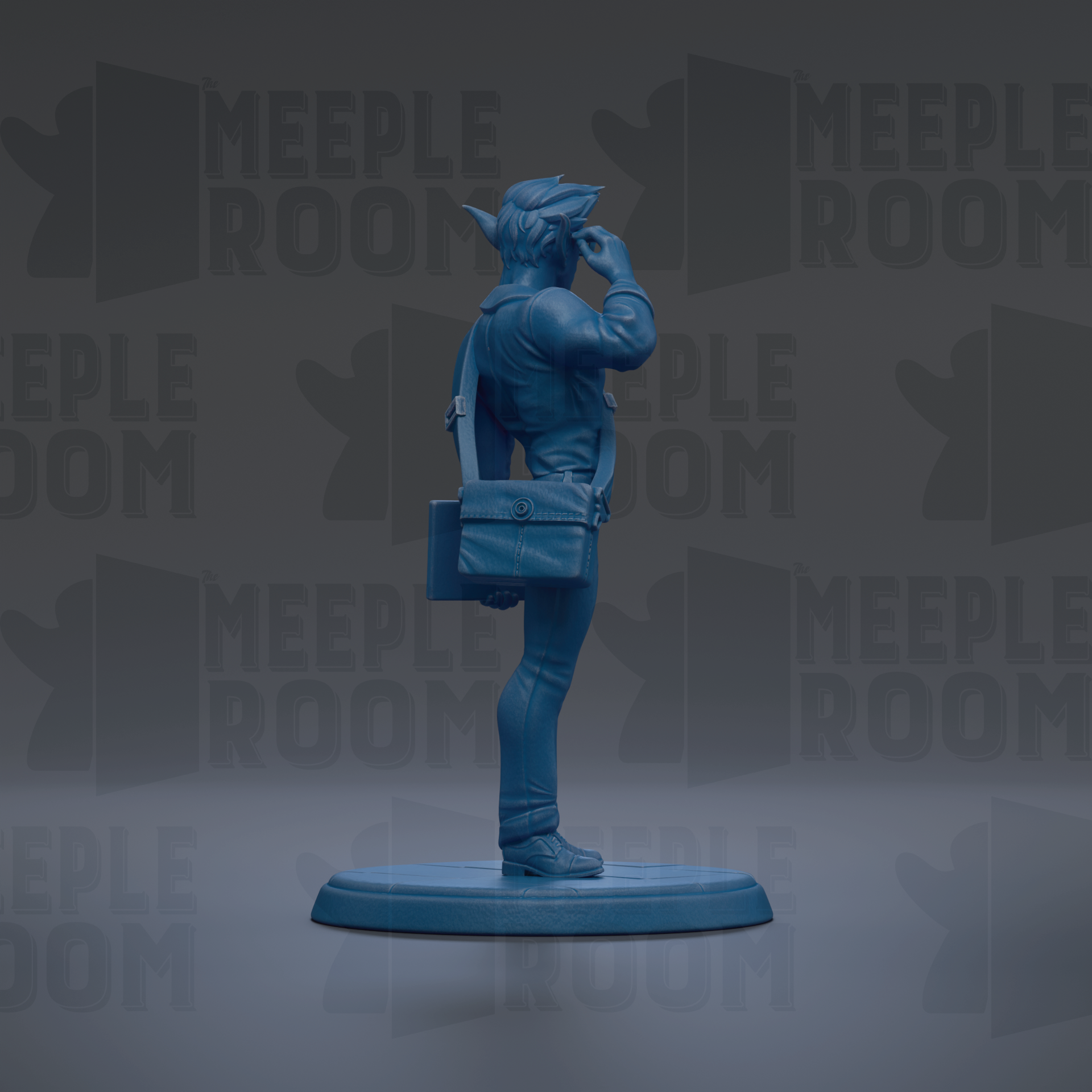 A blue figurine of a person standing on a platform, holding a bag in their hand.