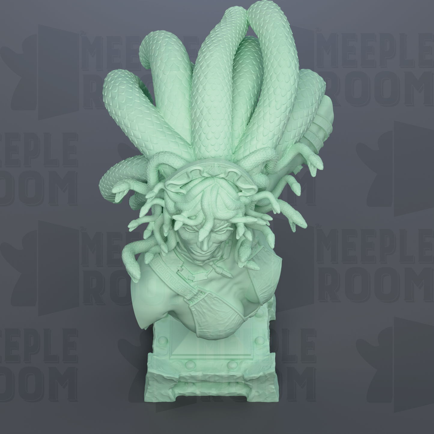 A green statue of a woman with snakes wrapped around her head, set against a dark background with repeated text.