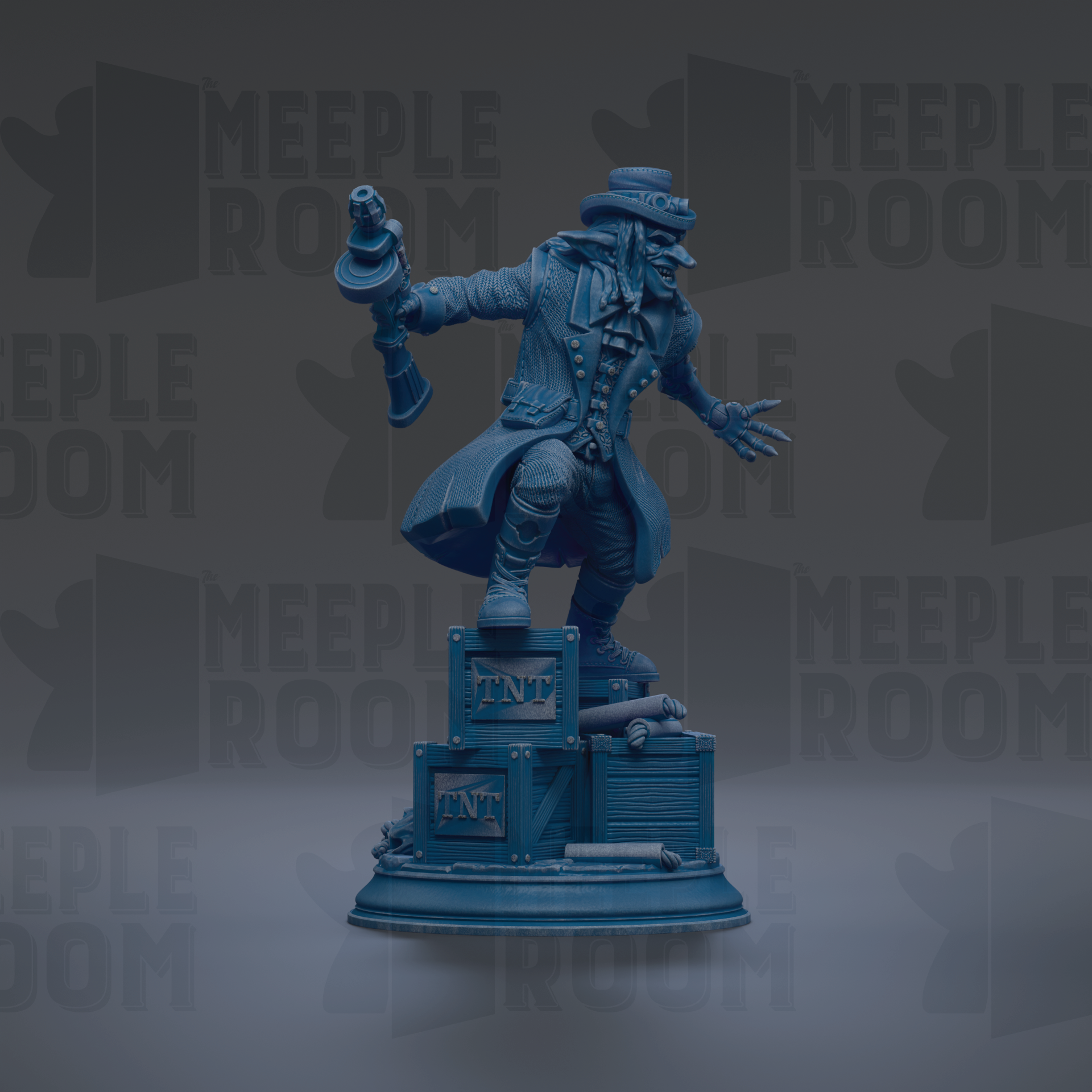 A blue statue of a person holding a trumpet and standing on a blue crate with the letters 'NTP' on it.