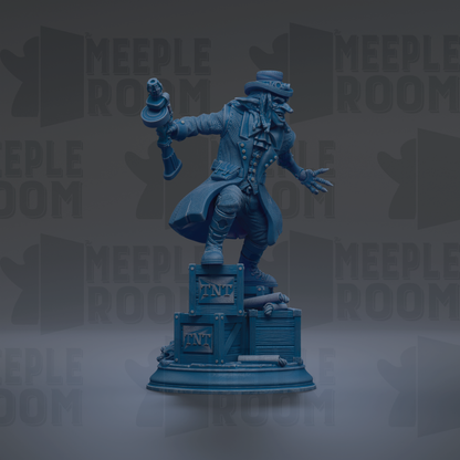 A blue statue of a person holding a trumpet and standing on a blue crate with the letters 'NTP' on it.