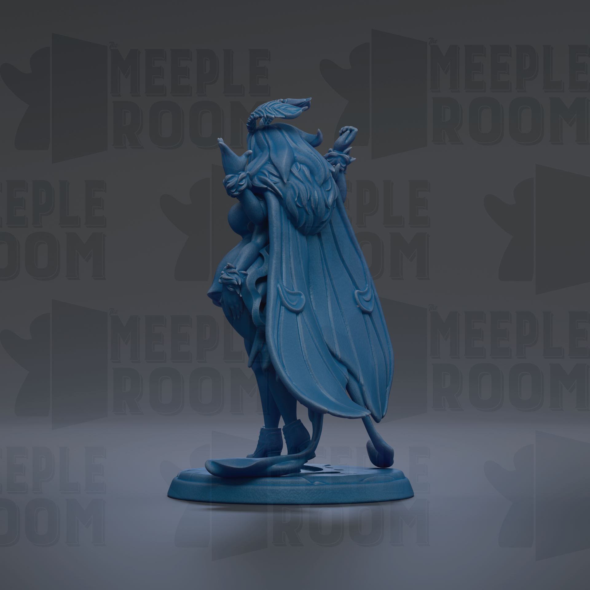 A blue figurine of a winged, winged creature with a long tail, standing on a base and facing to the right.