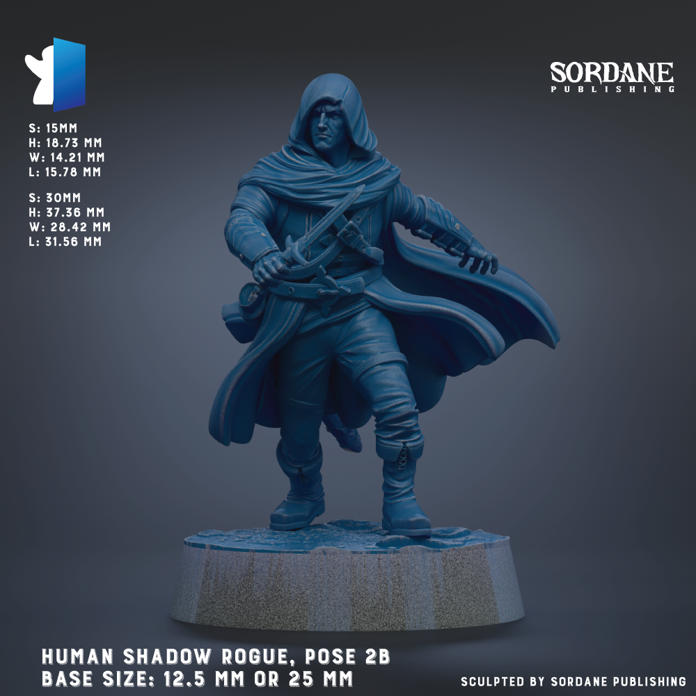 The image is a detailed 3D rendering of a human shadow pirate pose, featuring a figure in a hooded cloak and holding a sword. The base size of the figure is 12.5 mm or 25 mm, depending on the perspective. The image is published by Sordane Publishing.