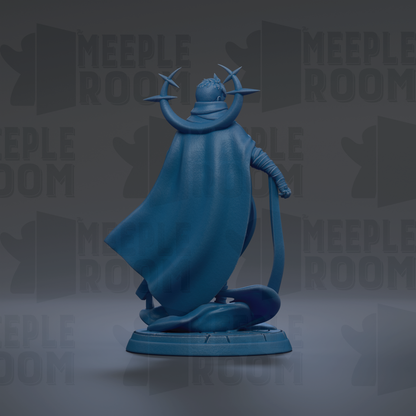 A blue statue of a figure with a cape and crown, standing on a pedestal against a dark background with repeated text.