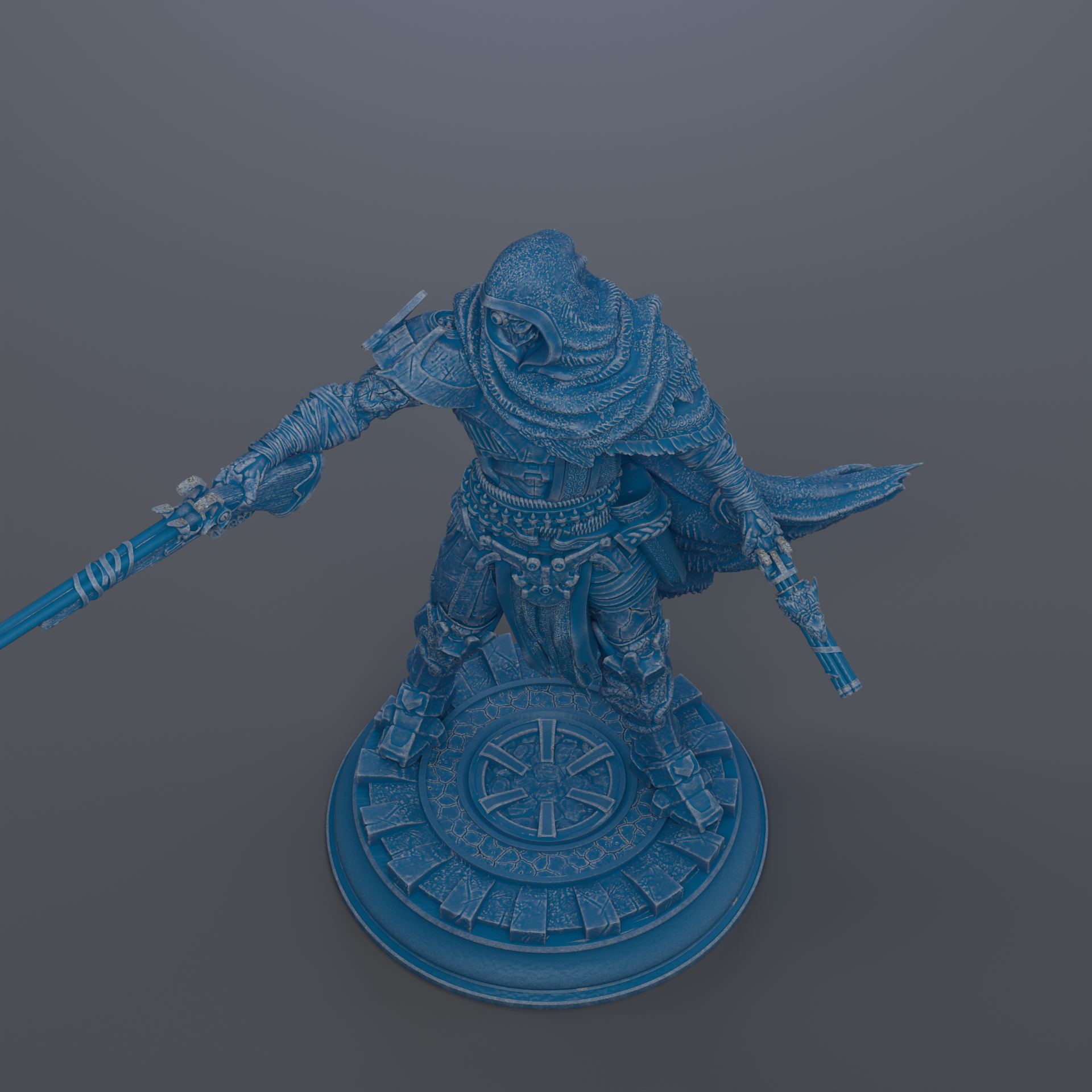 A 3D rendering of a warrior figure in a blue color, standing on a circular base and holding a sword in one hand and a shield in the other.