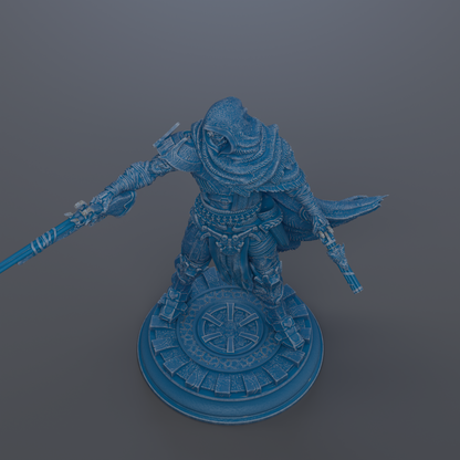A 3D rendering of a warrior figure in a blue color, standing on a circular base and holding a sword in one hand and a shield in the other.