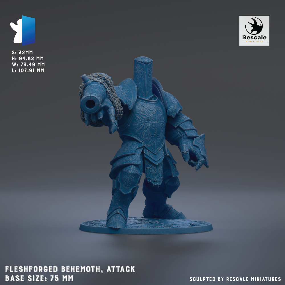 A 3D printed model of a armored character, specifically a fleshforged behemoth, in a fighting stance.