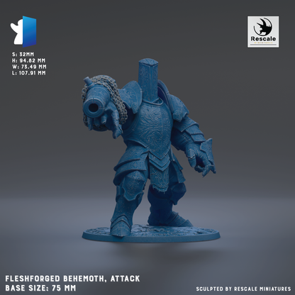 A 3D printed model of a armored character, specifically a fleshforged behemoth, in a fighting stance.