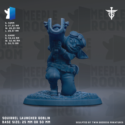 The image is a figurine of a squirrel-like creature, possibly a Goblin, holding a gun. The figurine is set against a dark background with the text "MEEPLE ROOM" repeated multiple times. The figurine is described as a base size of 25mm or 50mm, and it is sculpted by Twin Goddess Miniatures.