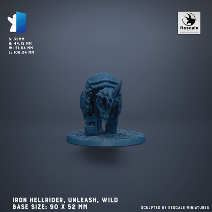 a blue figurine of a Hellrider, a wild creature with a skull-like head and a horn-like tail, standing on a base. The figurine is described as an Iron Hellrider, Unleash, Wild, and is shown in various base sizes, including 90 x 52 mm. The image is a collage of multiple images, and the phrase "Sculpted by Rescue miniatures" is mentioned at the bottom.