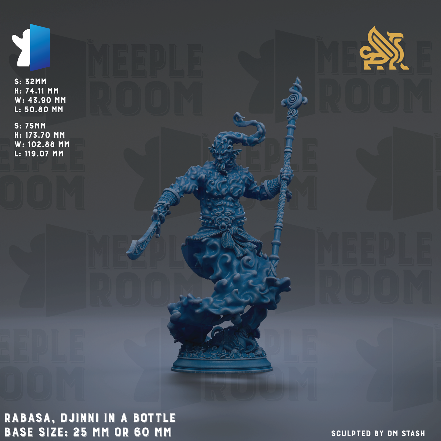 The image is a 3D rendering of a blue, fantastical creature resembling a dragon or serpent, holding a staff or staff-like object. The creature is standing on a base, and the background is a dark, textured surface. The image is described as a "meepleroom" and "meepleroom" based on the repeated text throughout the image. The creature is described as "Rabasa, Djinni in a Bottle" and "base sizes: 26 mm or 60 mm".