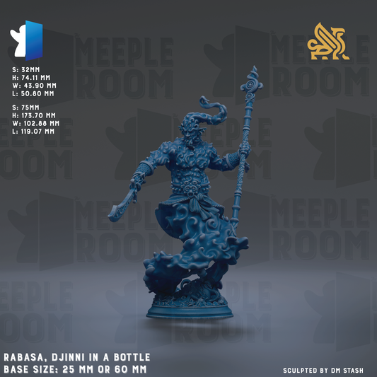 The image is a 3D rendering of a blue, fantastical creature resembling a dragon or serpent, holding a staff or staff-like object. The creature is standing on a base, and the background is a dark, textured surface. The image is described as a "meepleroom" and "meepleroom" based on the repeated text throughout the image. The creature is described as "Rabasa, Djinni in a Bottle" and "base sizes: 26 mm or 60 mm".