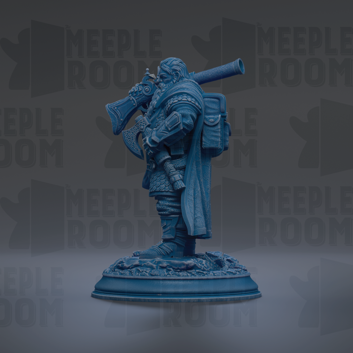 A blue figurine of a person holding a large object, possibly a pipe or a shield, standing on a base.