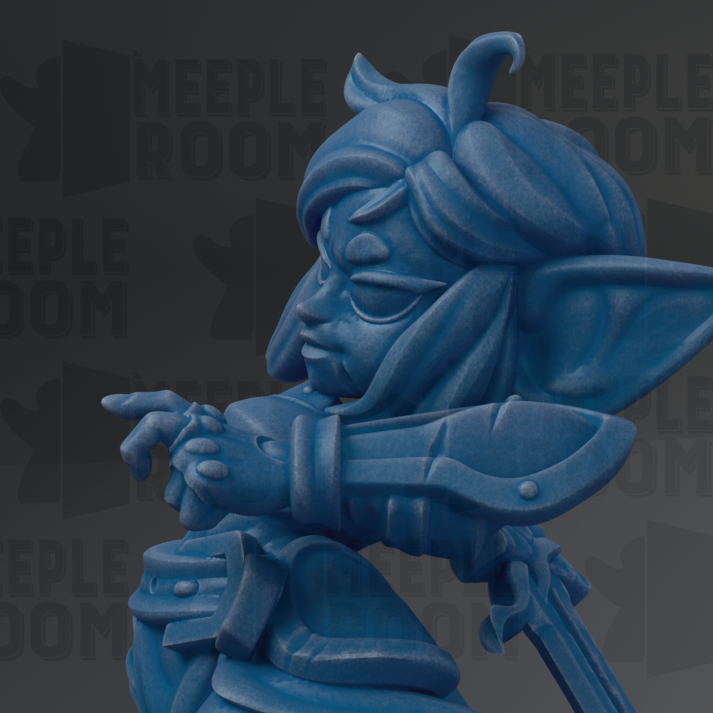 A close-up of a blue, cartoonish-looking character with a pointed hat and sword, set against a dark background with repeated text.