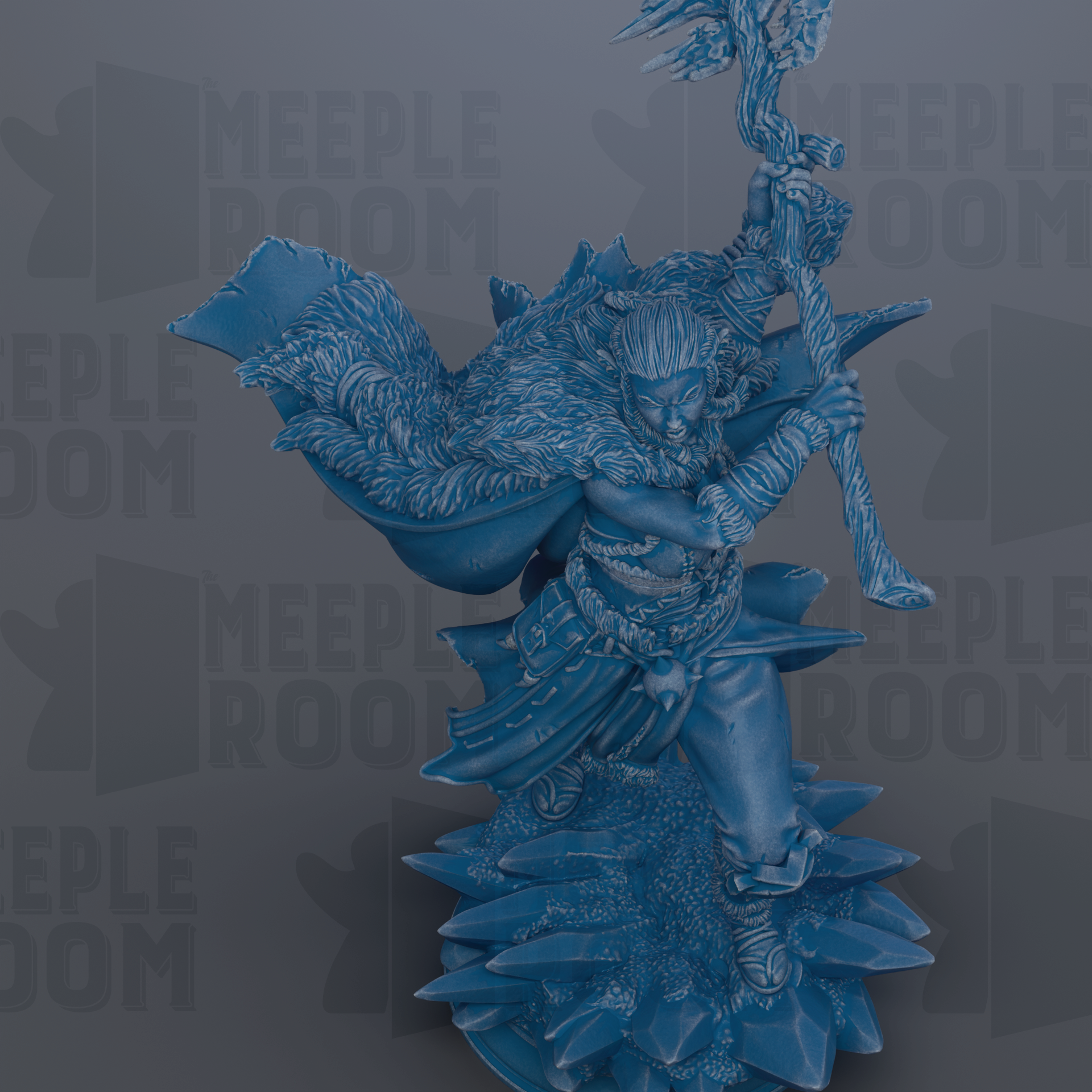 A blue, 3D-rendered fantasy character with a flowing cape and holding a staff, standing on a rocky surface.