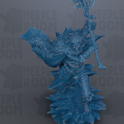 A blue, 3D-rendered fantasy character with a flowing cape and holding a staff, standing on a rocky surface.