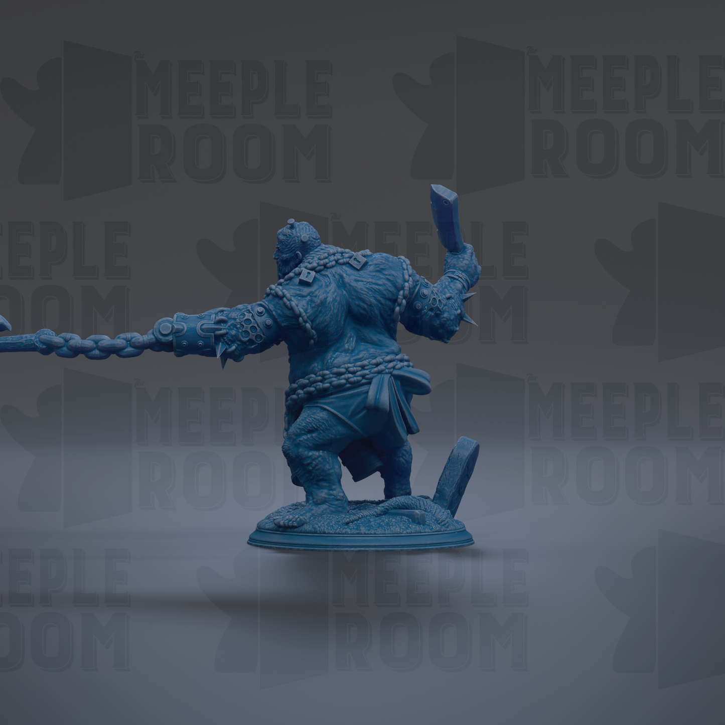 A blue figurine of a warrior wielding a sword and shield, standing on a pedestal against a dark background with repeated text.