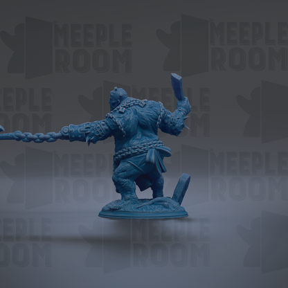 A blue figurine of a warrior wielding a sword and shield, standing on a pedestal against a dark background with repeated text.