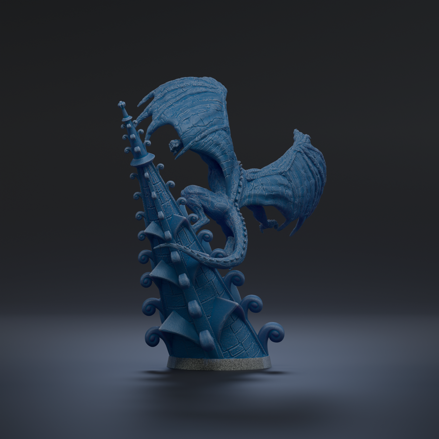 A blue dragon statue with wings spread, standing on a pedestal with intricate designs.