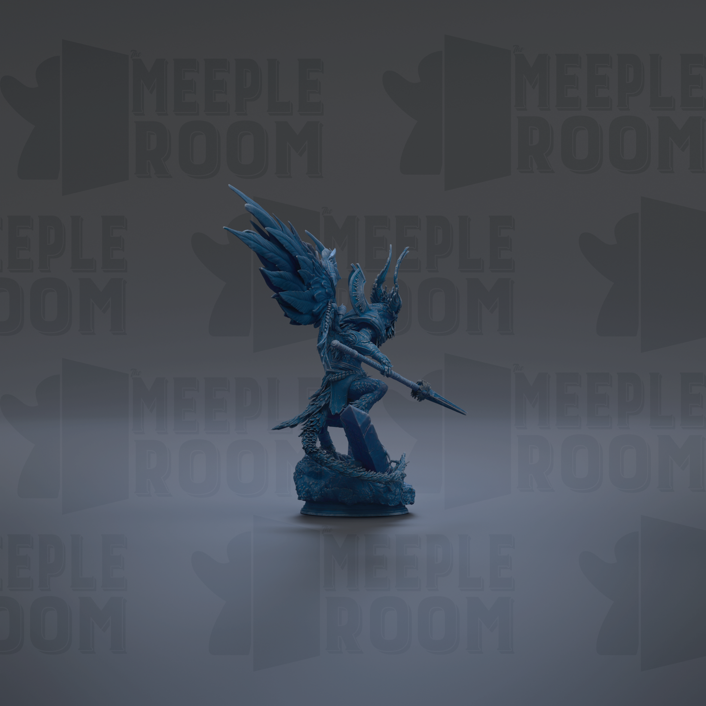 A blue statue of a winged figure holding a weapon stands prominently against a dark background with repeated "MEIPLE ROOM" text.