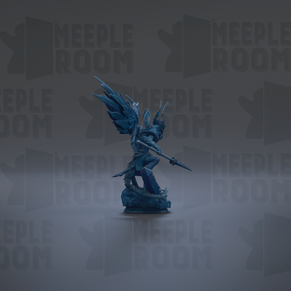 A blue statue of a winged figure holding a weapon stands prominently against a dark background with repeated "MEIPLE ROOM" text.