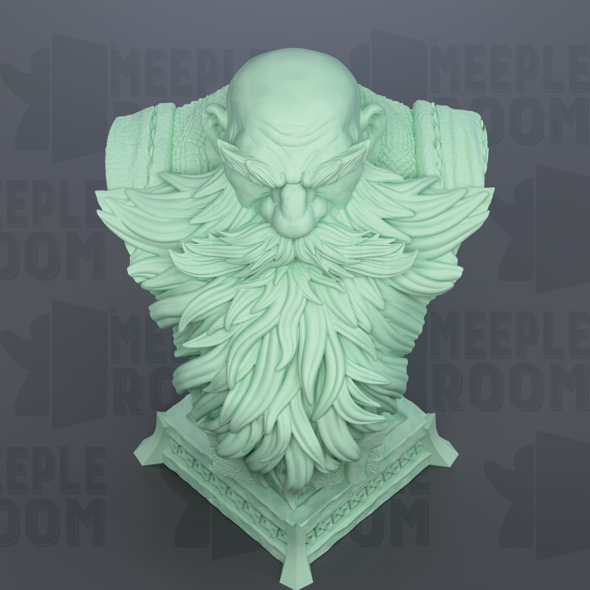 A green, detailed bust sculpture of a bearded man with a serious expression, set against a dark background with repeated text.