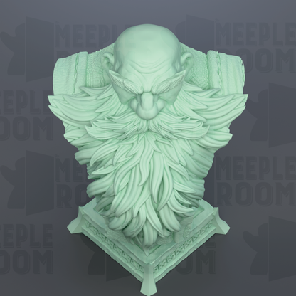 A green, detailed bust sculpture of a bearded man with a serious expression, set against a dark background with repeated text.