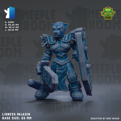 a detailed 3D model of a lioness paladin character, with the character standing in a fighting stance and holding a shield. The character is depicted in a blue color, and the background is a dark gray color. The image is described as a "base size: 25mm" and is "sculpted by dice heads".