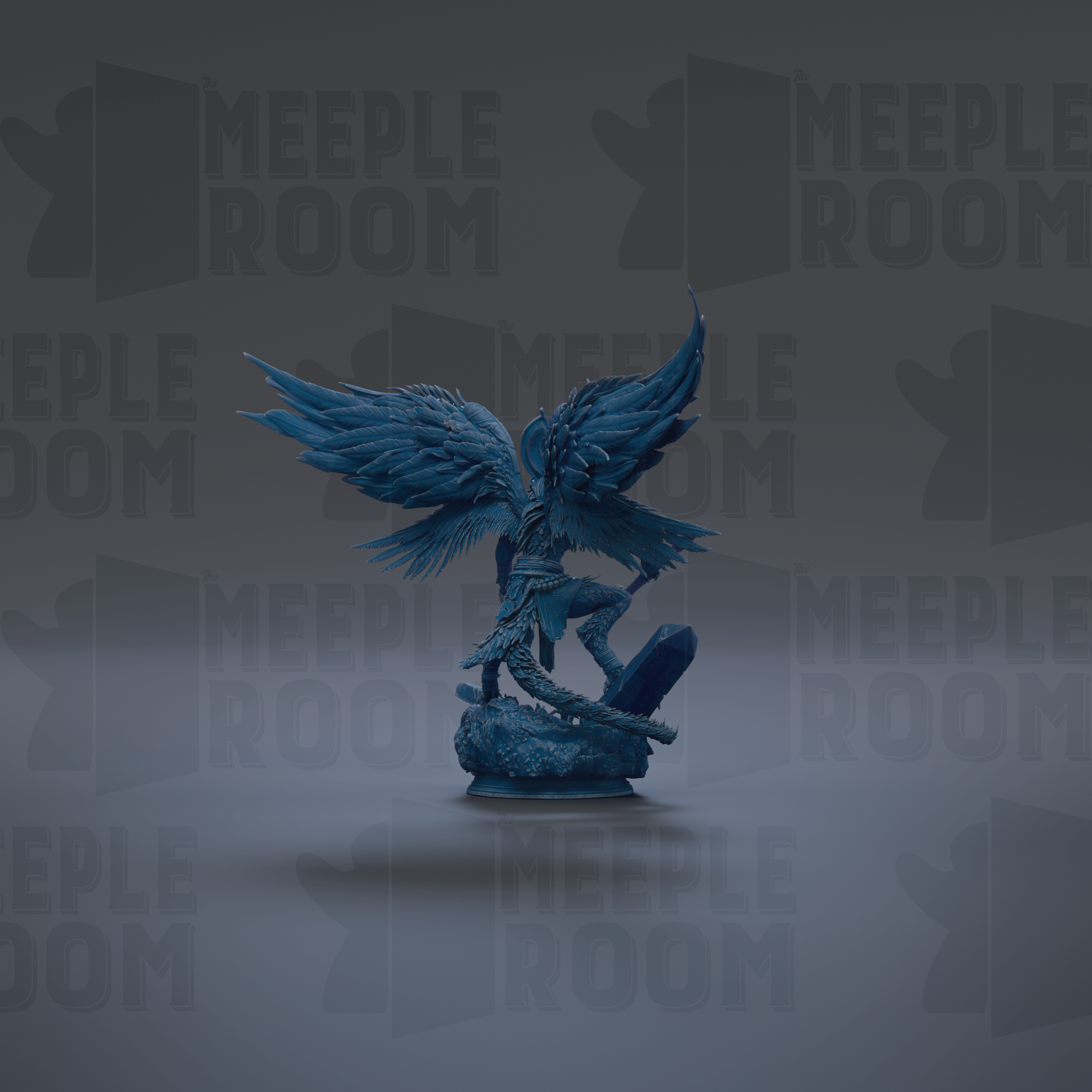 A blue winged statue with a sword in its hand, standing on a rock.