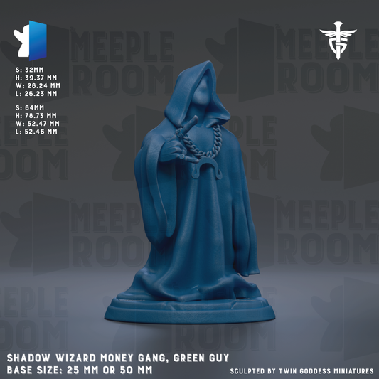 a blue figurine of a wizard or wizard-like character, possibly a Green Guy, with a hooded cloak and a chain around their neck. The figurine is sitting on a pedestal, and the background has the text "MEIPLE ROOM" repeated multiple times. The base size of the figurine is either 25mm or 50mm.