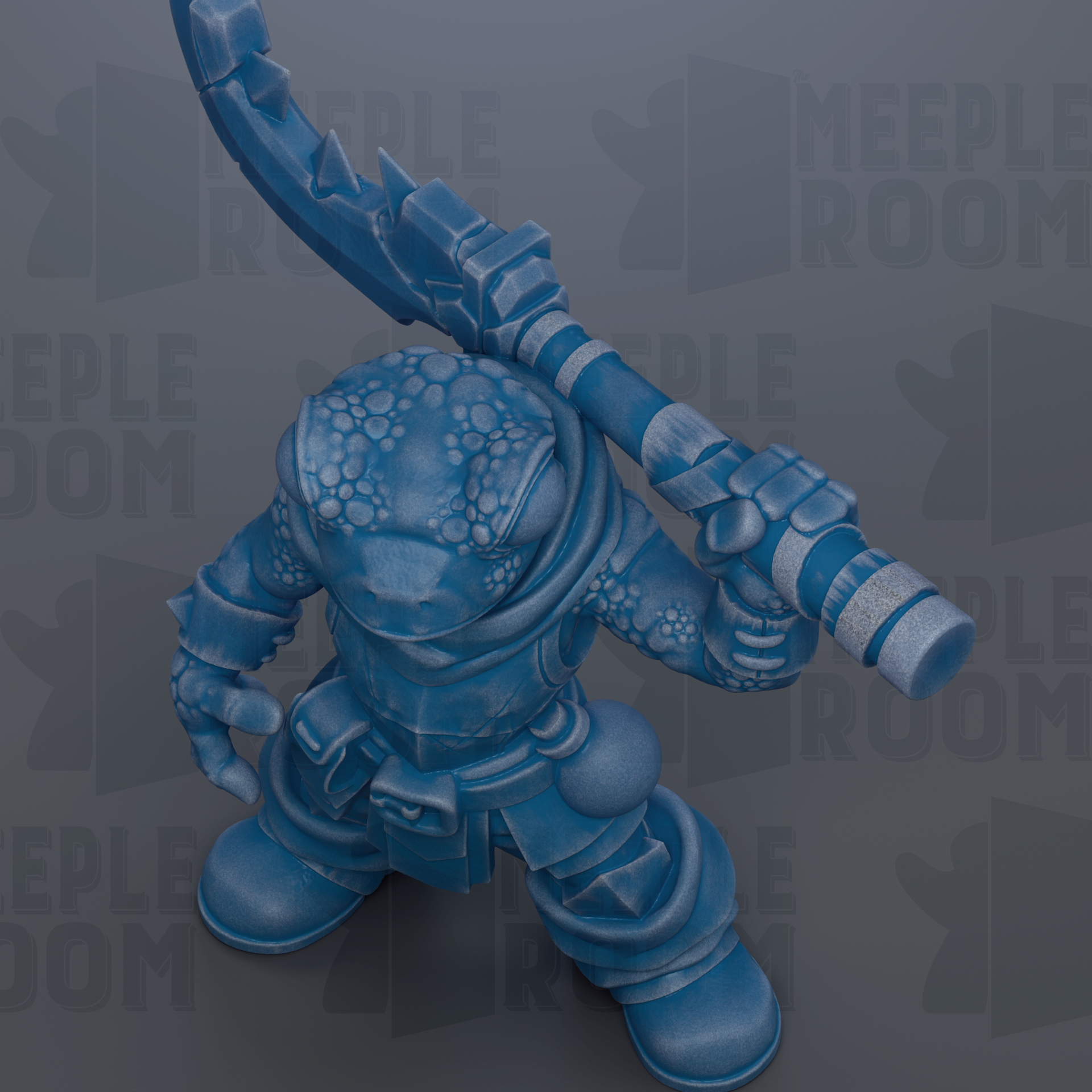 A blue, 3D-rendered character holding a weapon and standing in a fighting stance.