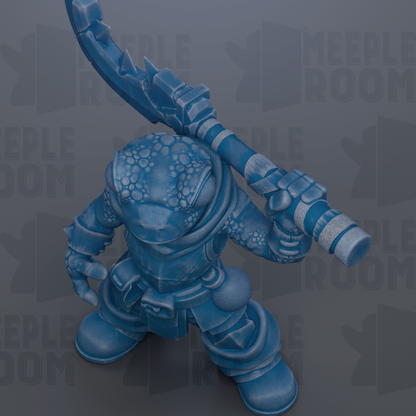 A blue, 3D-rendered character holding a weapon and standing in a fighting stance.
