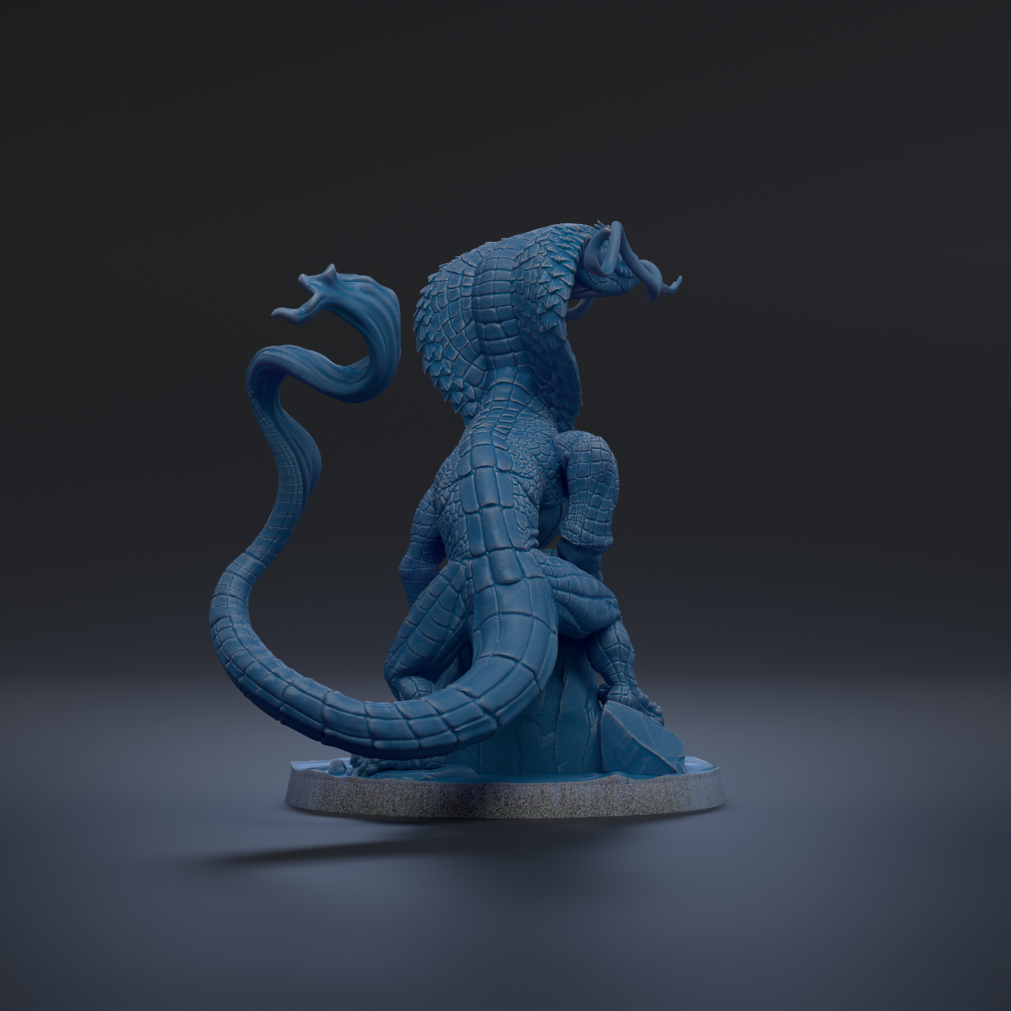 A 3D rendering of a blue, snake-like creature with a long, coiled body and a curled tail, standing on a rock.