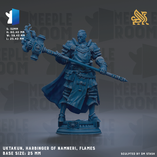 A blue figurine of a warrior figure, likely representing the Harbinginger of Namneri, holding a large hammer and sword. The figurine is standing on a base and appears to be made of a material that resembles metal. The image is described as a "meadow" and "meadow room" and is labeled as a "meadow room" figurine. The figurine is described as a "uktakun, harbinger of Namneri, flames" and is shown in a base size of 25mm.