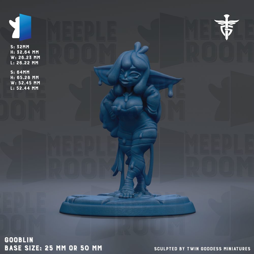 The image is a figurine of a character, likely a deity or a deity-like figure, with a blue color. The figurine is standing on a base and is described as having a base size of 25 mm or 50 mm. The image is a part of a collection or series, as indicated by the text "MEEPLE ROOM" and "Sculpted by TWIN GODESS MINIATURES".