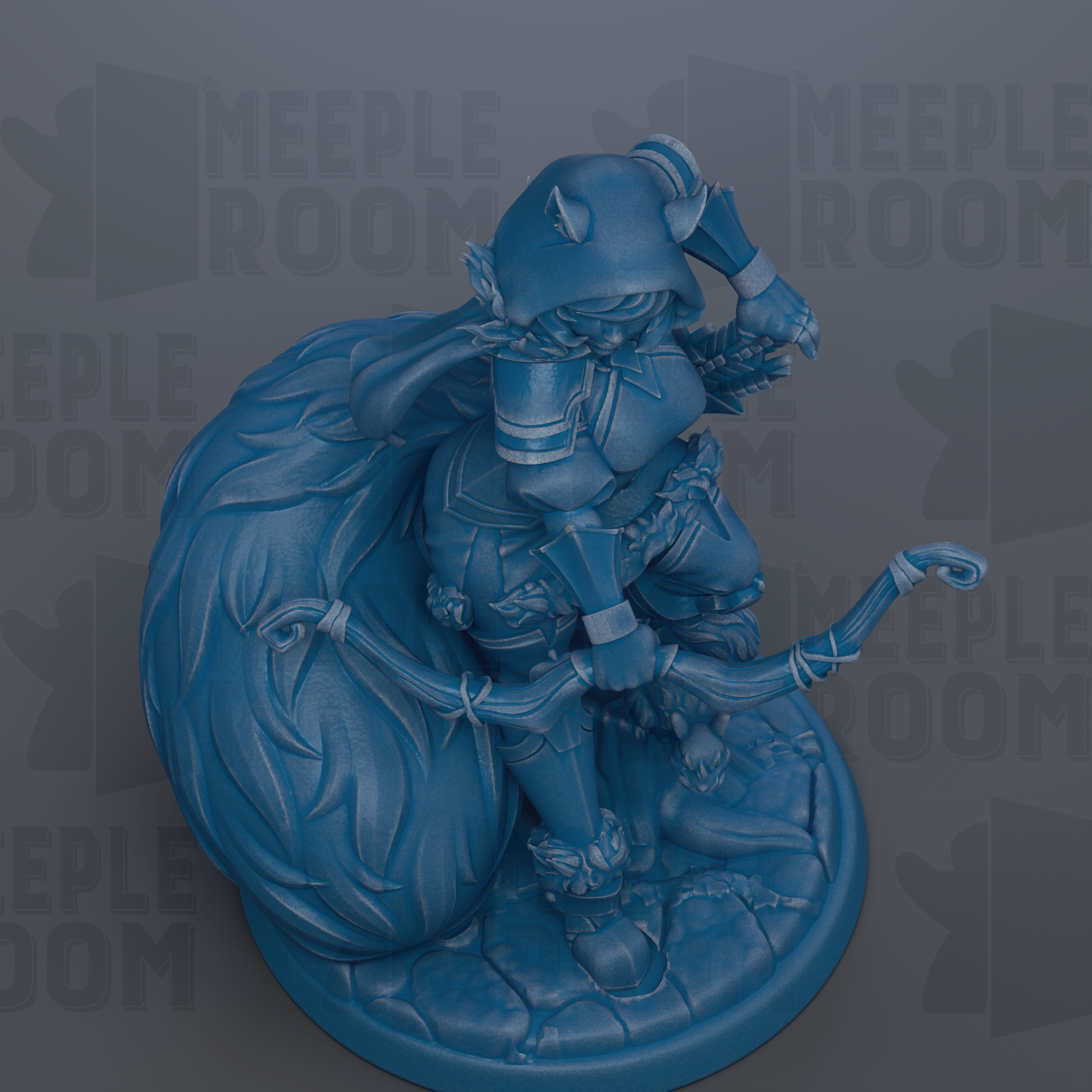 A blue figurine of a character with horns and a flowing cape, standing on a rock formation.