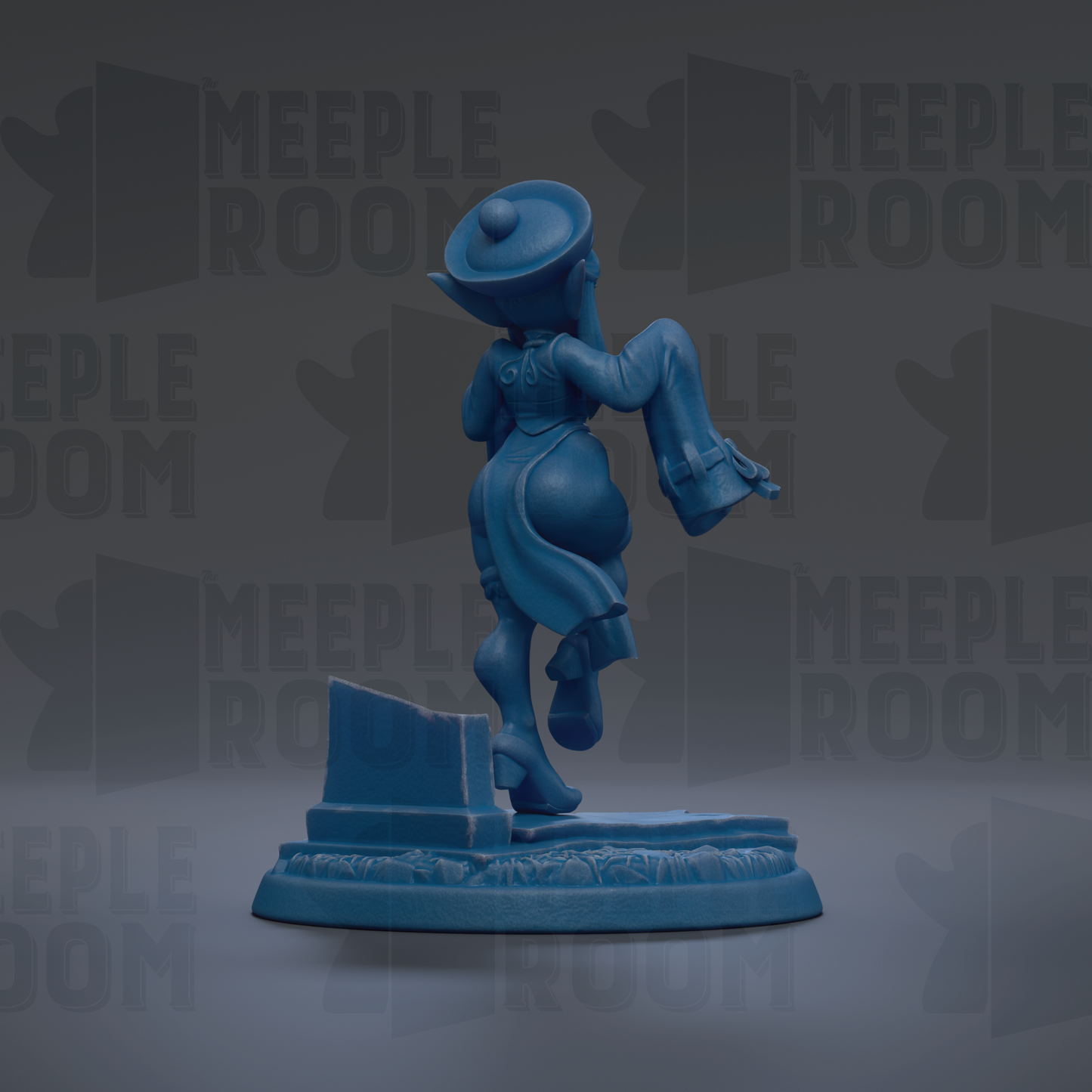 A blue figurine of a person standing on a pedestal, with the word "MEUPLE ROOM" repeated in the background.