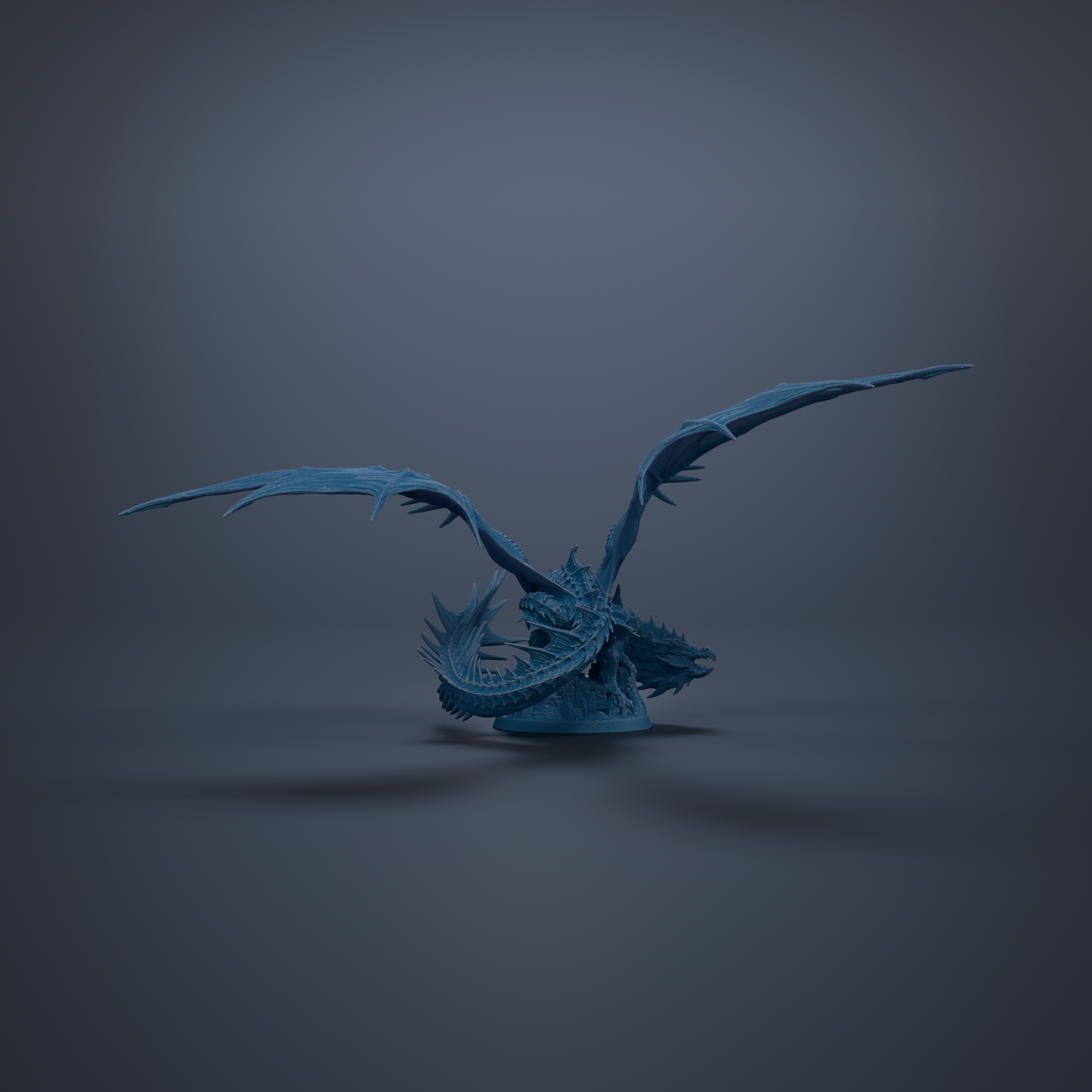 A 3D rendering of a blue dragon-like creature with sharp teeth and claws, standing on a dark surface.