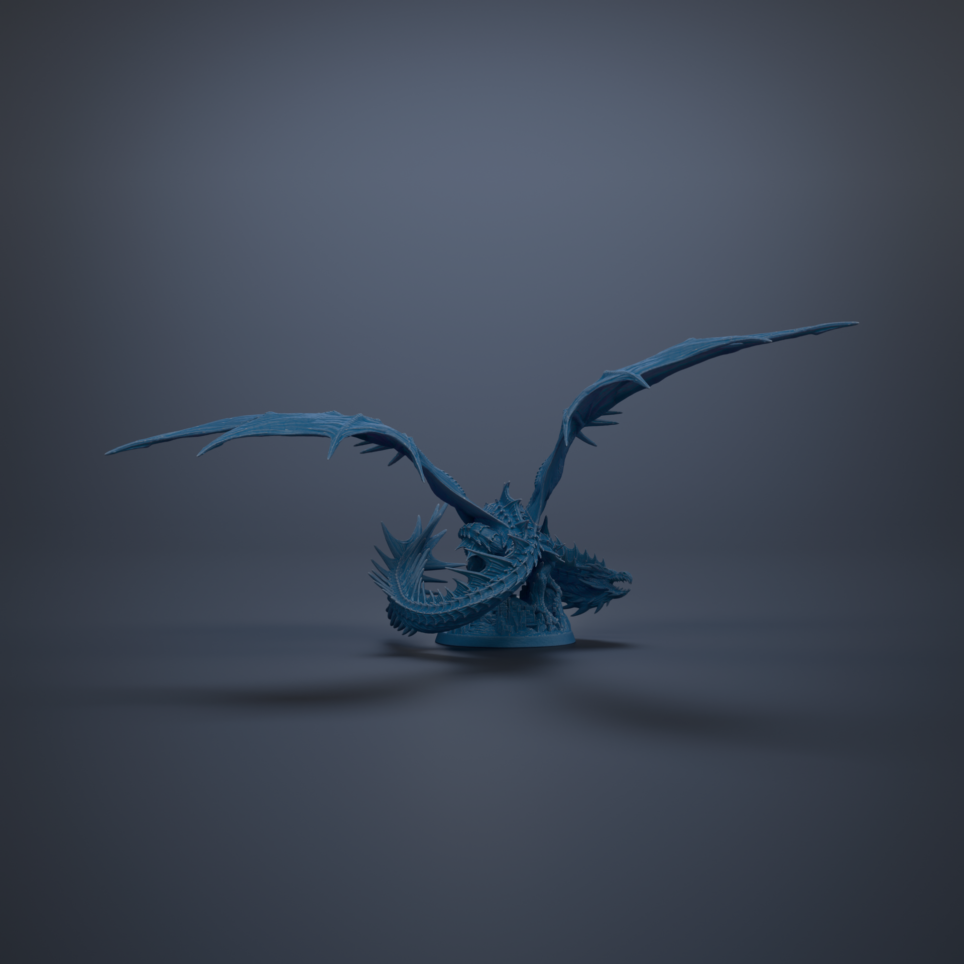 A 3D rendering of a blue dragon-like creature with sharp teeth and claws, standing on a dark surface.