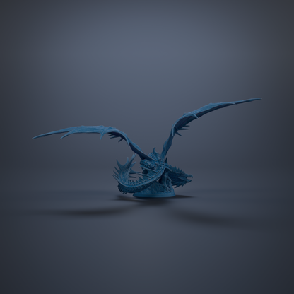 A 3D rendering of a blue dragon-like creature with sharp teeth and claws, standing on a dark surface.