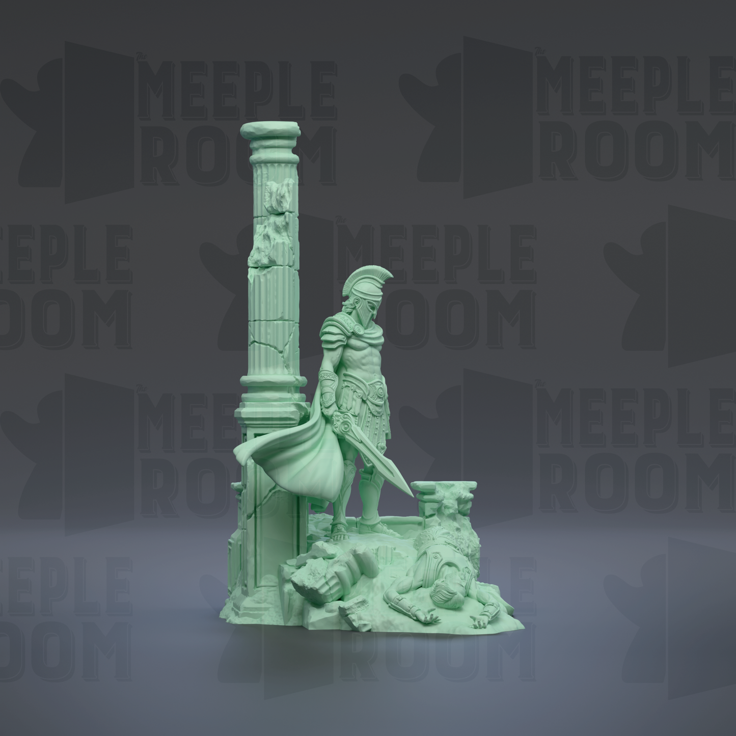 A green statue of a warrior standing next to a fallen figure, with the text "MEUPLEROOM" visible in the background.