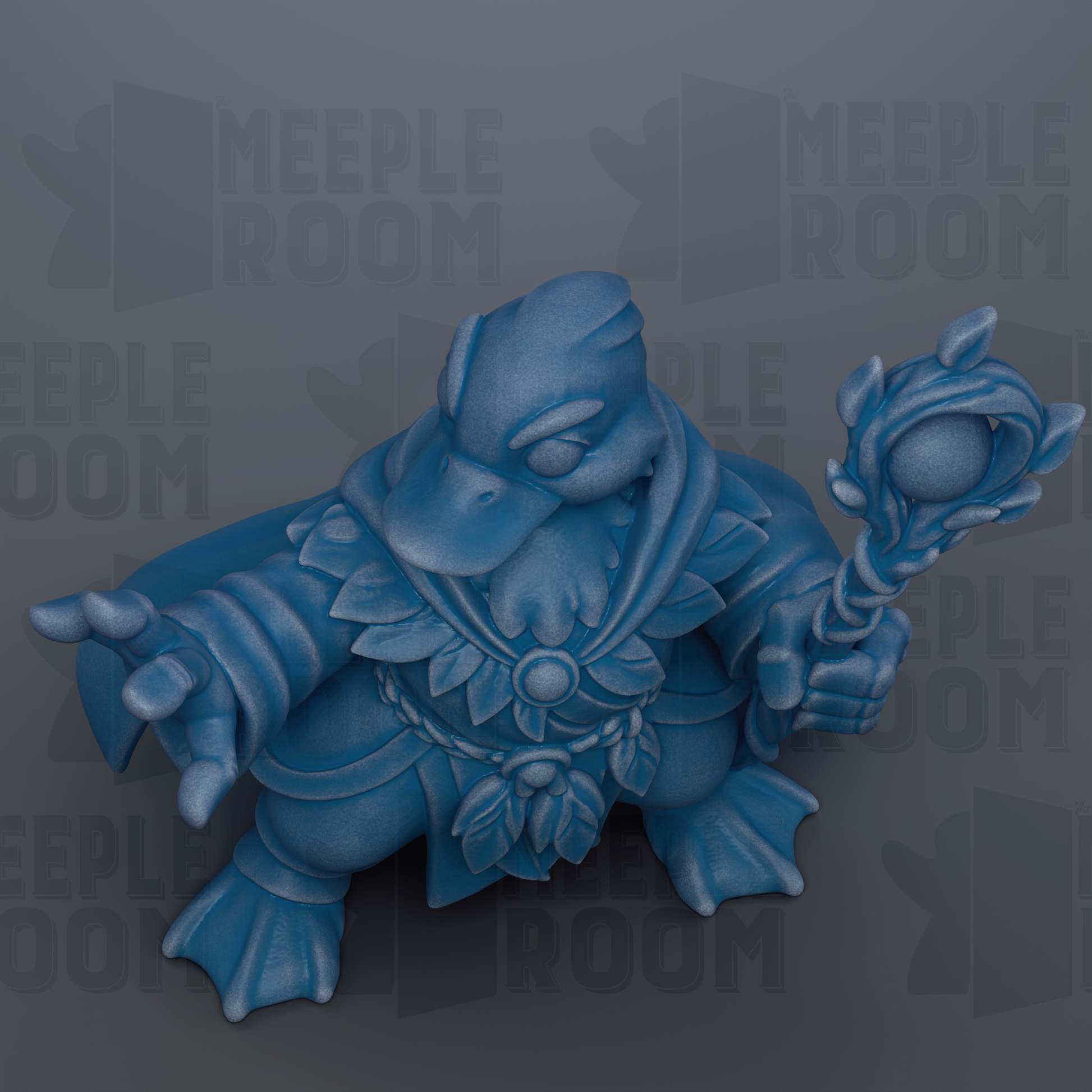 A blue, cartoonish creature with a large head and a staff, resembling a mythical or fantastical being.