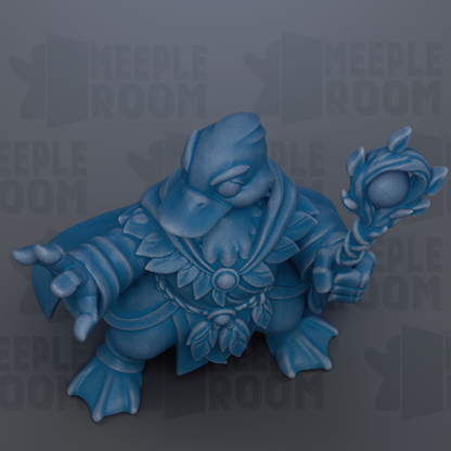 A blue, cartoonish creature with a large head and a staff, resembling a mythical or fantastical being.