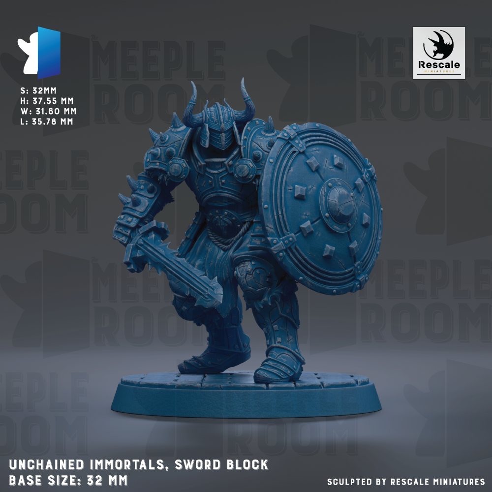 a blue armored warrior figure holding a shield and sword, standing on a base.