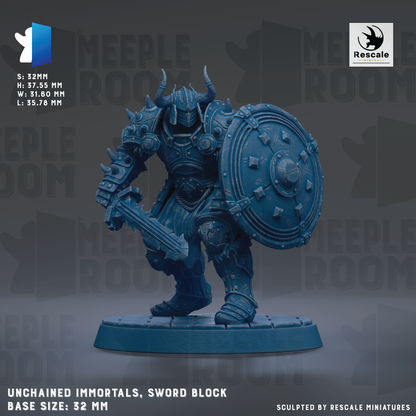a blue armored warrior figure holding a shield and sword, standing on a base.