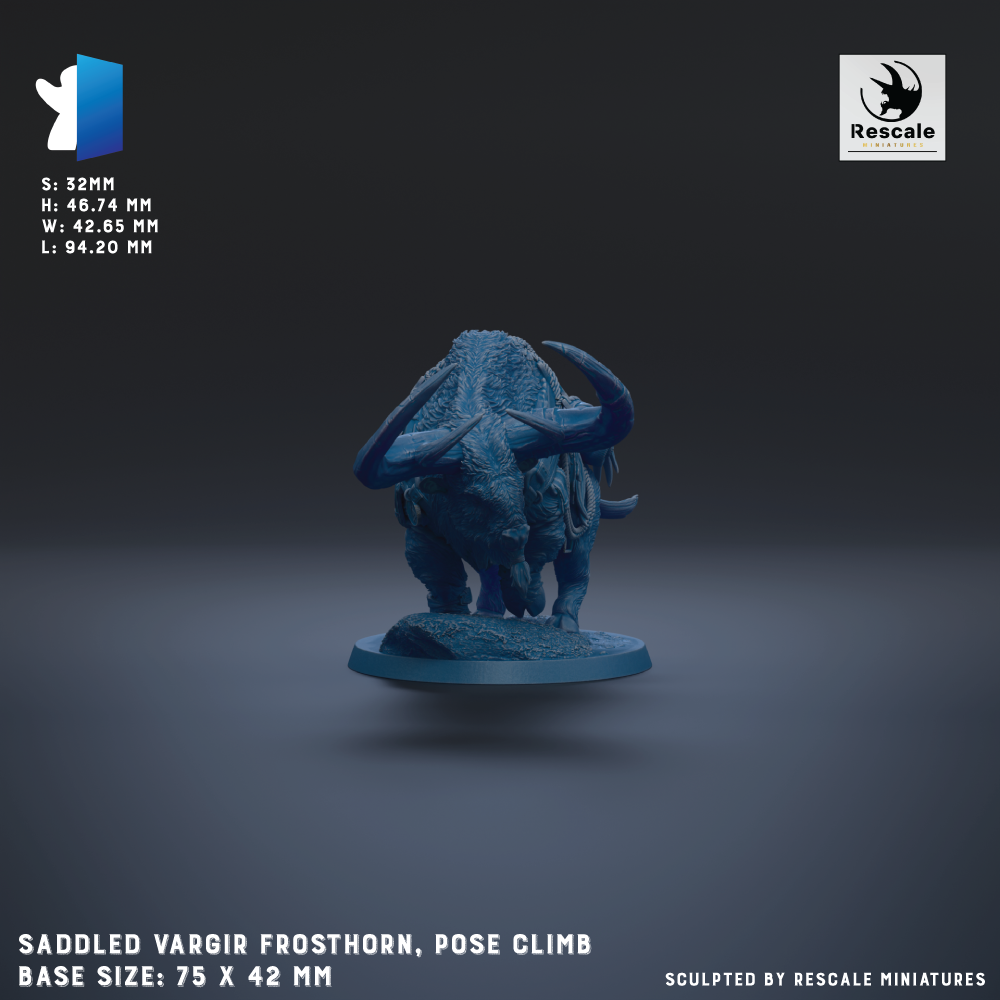The image is a 3D model of a saddleled vargir frosthorn, a fantasy creature with horns and a large head, posed on a base. The base size is 75 x 42 mm, and the sculpture is made by Rescale miniatures.