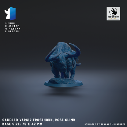 The image is a 3D model of a saddleled vargir frosthorn, a fantasy creature with horns and a large head, posed on a base. The base size is 75 x 42 mm, and the sculpture is made by Rescale miniatures.