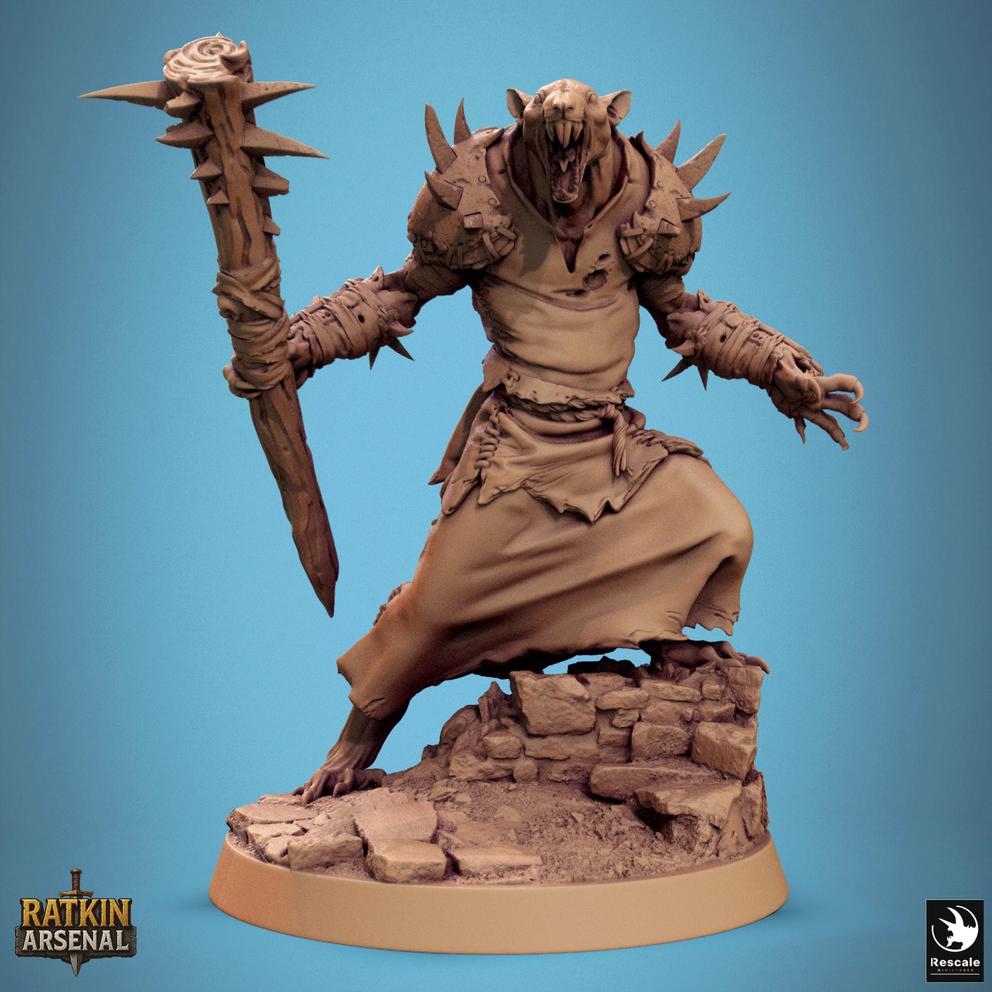 A 3D model of a fierce-looking monster or dragon-like creature, with sharp teeth and claws, standing on a rocky base and holding a weapon.