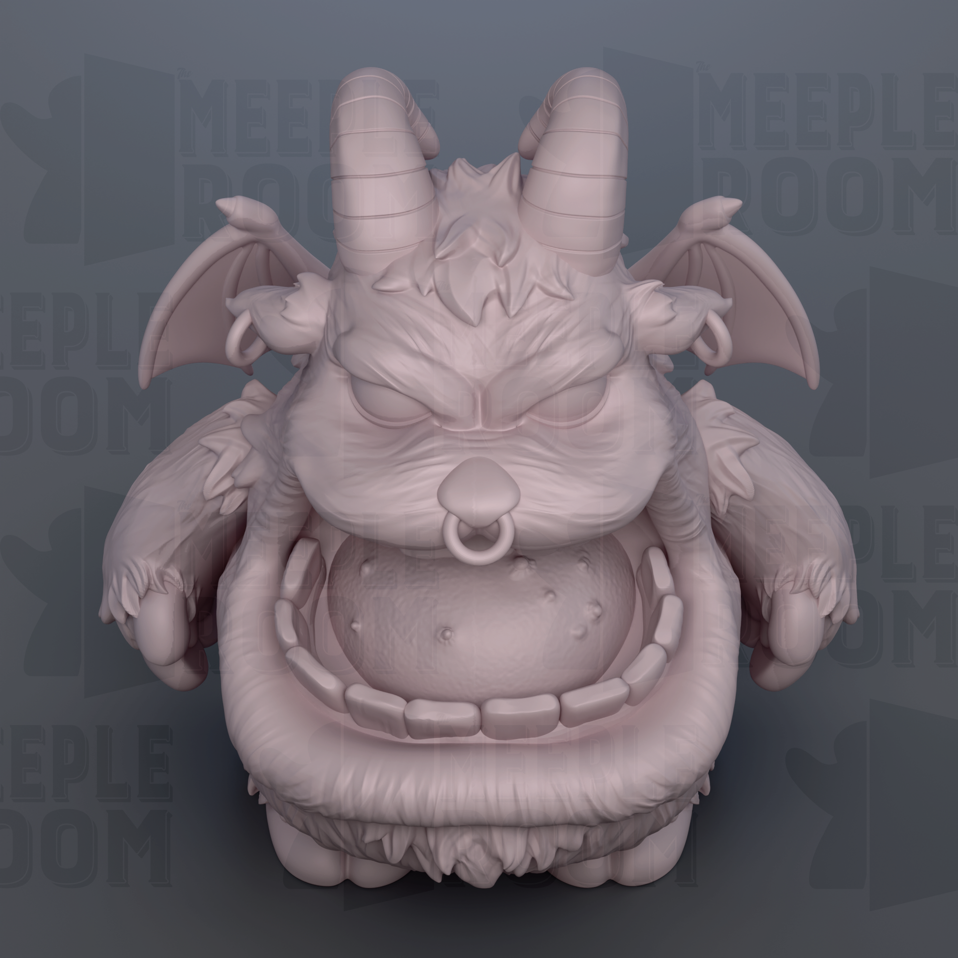 A 3D rendering of a large, furry monster with horns and a wide-open mouth, appearing to be a gnome or a similar character.