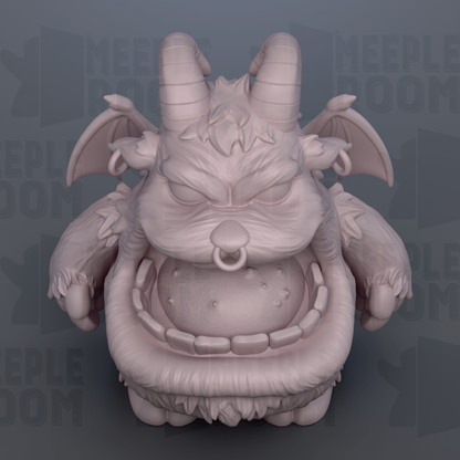 A 3D rendering of a large, furry monster with horns and a wide-open mouth, appearing to be a gnome or a similar character.
