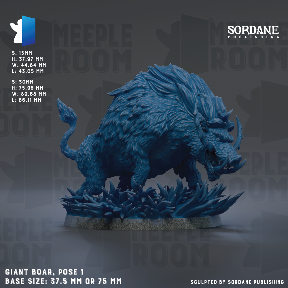 a large, blue boar statue with a fierce expression, standing on a base that is described as either 35 mm or 75 mm in size. The background of the image is a dark gray color, and the text "SORDANE PUBLISHING" is visible, indicating that the image is likely from a published work.